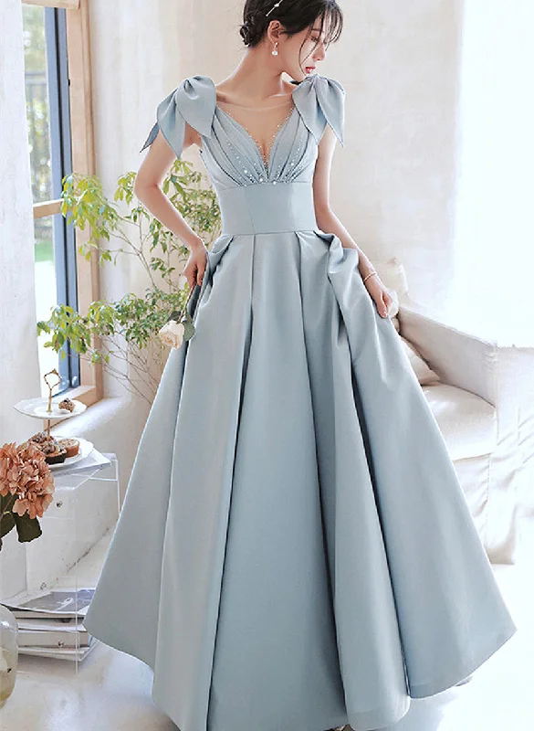 A-line Blue Satin Beaded Long Party Dress, V-neckline Blue Evening Dress Tunics Fleece cozy