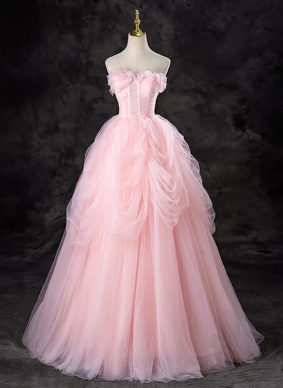 Pink Tulle Long Party Dress Evening Dress, Pink Sweet 16 Dress Off-the-shoulder Bohemian Festive