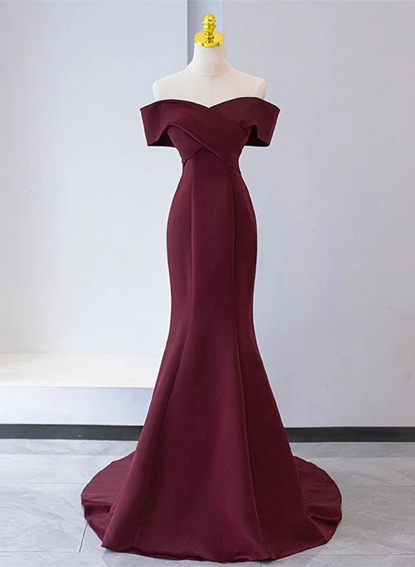 Chic Mermaid Burgundy Satin Off Shoulder Party Dress, Burgundy Long Evening Dress Prom Dress Tunics Review highly