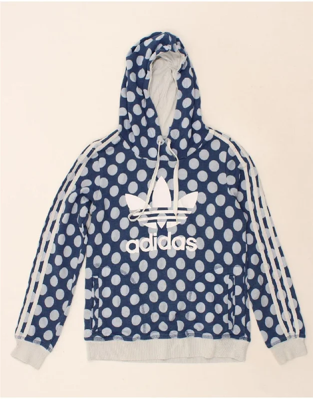 ADIDAS Womens Graphic Hoodie Jumper UK 12 Medium Blue Polka Dot Cotton Hoodie with Back Slit Movement Comfort