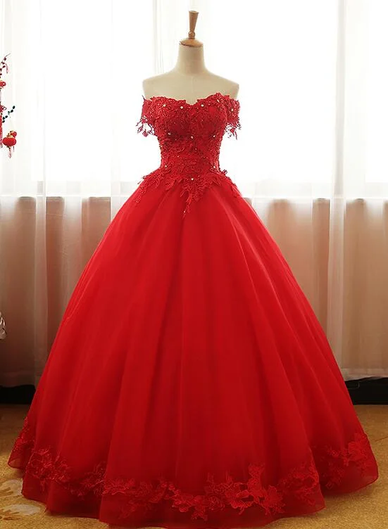 Red Off Shoulder Long Party Dress, A-line Tulle Evening Dress Formal Gown Tunics Gym athletic