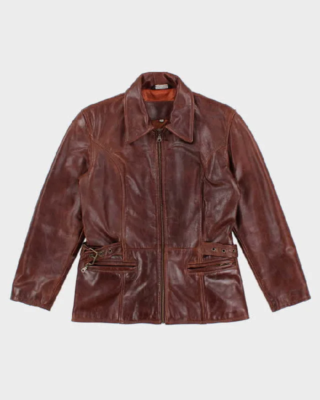 Vintage Women's Brown Leather Zip Up Jacket - M Herringbone Jacket Houndstooth Jacket Plaid Jacket
