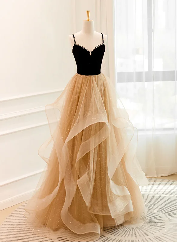 A-line Champagne Tulle Sweetheart Beaded Long Prom Dress, Tulle Layers Party Dress Tunics Exclusive limited