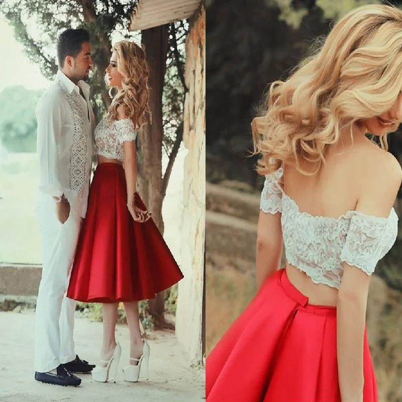Short sleeve off shoulder two pieces lace red tea-length casual homecoming prom gown dress,BD00115 Tunics Satin smooth