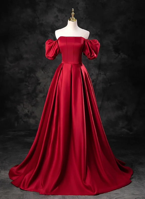 Red Satin Off Shoulder Long Simple A-line Wedding Party Dress, Red Long Evening Dress Pencil Length Work