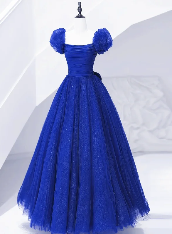 Royal Blue Scoop Tulle Short Sleeves Long Prom Dress, Royal Blue A-line Party Dress Tunics Polka dots