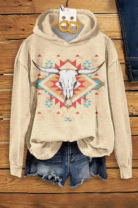Casual Longhorn Print Long Sleeve Hoodie Hoodie with Exposed Zipper Edgy Industrial