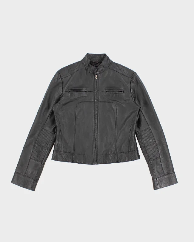 Womens Black Leather Biker Jacket - M Hoodie Zip-Up Jacket Button-Up Jacket