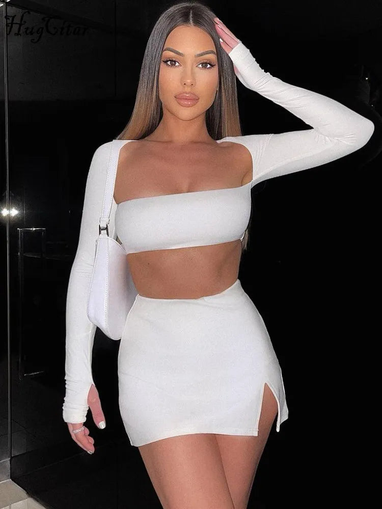 Hugcitar Women New 2 Pcs Set Solid Long Sleeves Square Neck Backless Bandage Crop Top Slit Skirt Summer Rave Festival Outfit leather skirt sleek