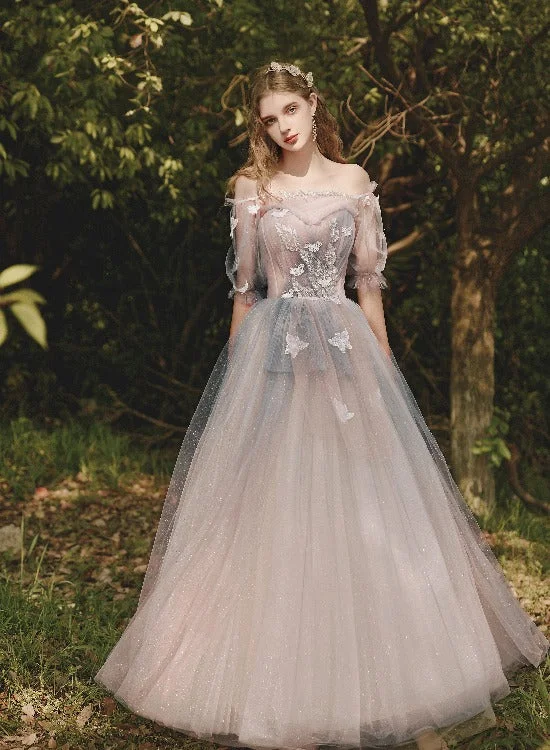 Pink Tulle Gradient Short Sleeves Formal Dress Party Dresses, Pink Sweet 16 Gowns Tunics Stylish elegant