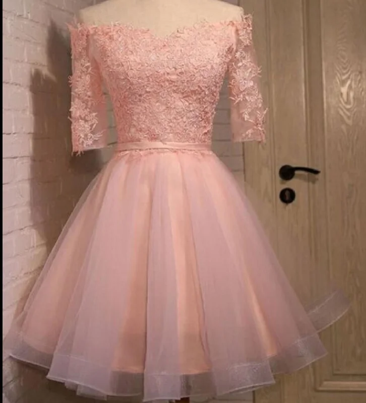 Long sleeve lace pink short homecoming prom dresses, CM0006 Tunics Solid Classic