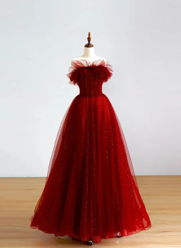 Wine Red Tulle Long Prom Dress Party Dress, Wine Red Tulle Evening Dress Tunics Trousers formal