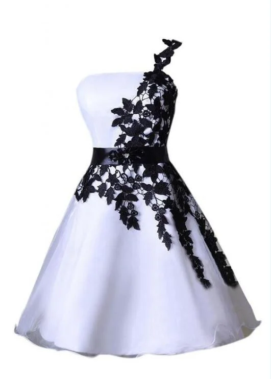 One shoulder black lace Cute short homecoming prom dresses, CM0007 Tunics Essential wardrobe
