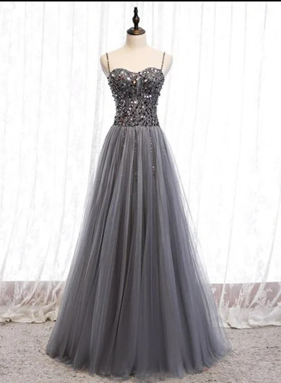 Grey Beaded Straps Sweetheart Shiny Tulle Long Party Dresses, Grey Long Prom Dresses Tunics Travel practical