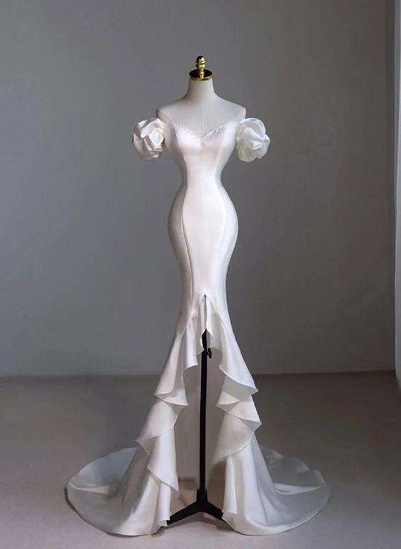 Chic White Satin Sweetheart Beaded Wedding Party Dress, White Satin Formal Dress Tunics Seasonal trendy
