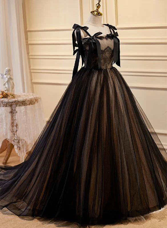 Black and Champagne Tulle Straps Prom Dress with Bow, Black Long Party Dress Tunics Corduroy durable