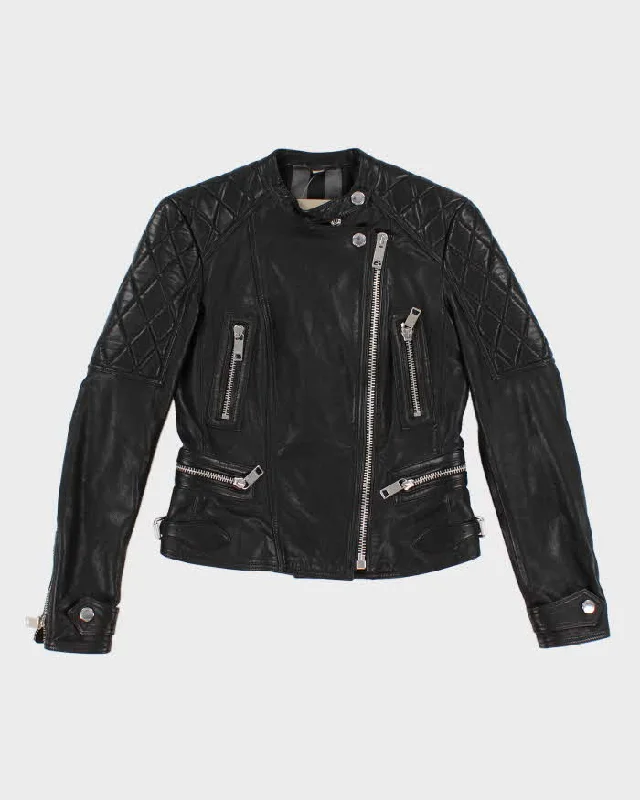 Womens Burberry Black Leather Zipper Biker Jacket - XS Boat Neck Shawl Collar Notched Collar