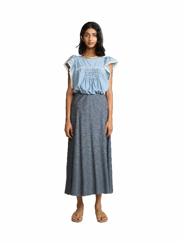 Joanie Bias Cut Skirt in Chambray leather skirt sleek