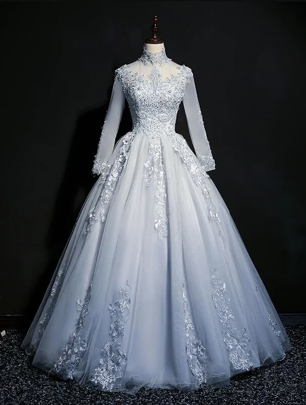 Grey Tulle Long Sleeves Sweetheart Party Dress, Long Evening Gown Tunics Practical easy-care