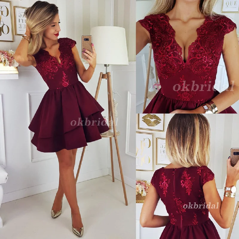 Lace V-Neck Homecoming Dress, Satin Knee-Length Cap Sleeve Sequin Homecoming Dress, KX53 Square Neckline Feminine