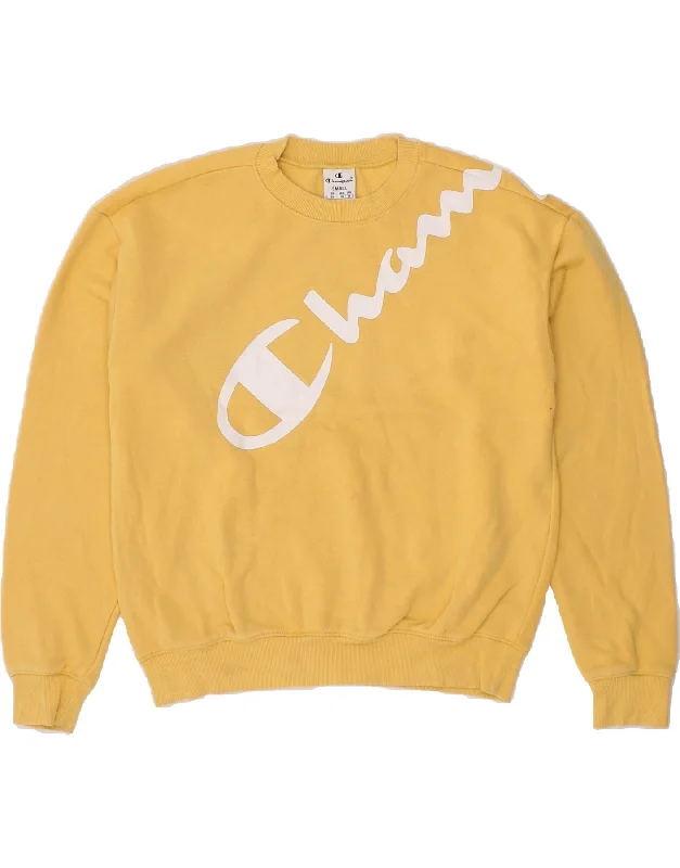 CHAMPION Womens Oversized Crop Sweatshirt Jumper UK 10 Small Yellow Hoodie with Elastic Waist Stretchable Comfortable