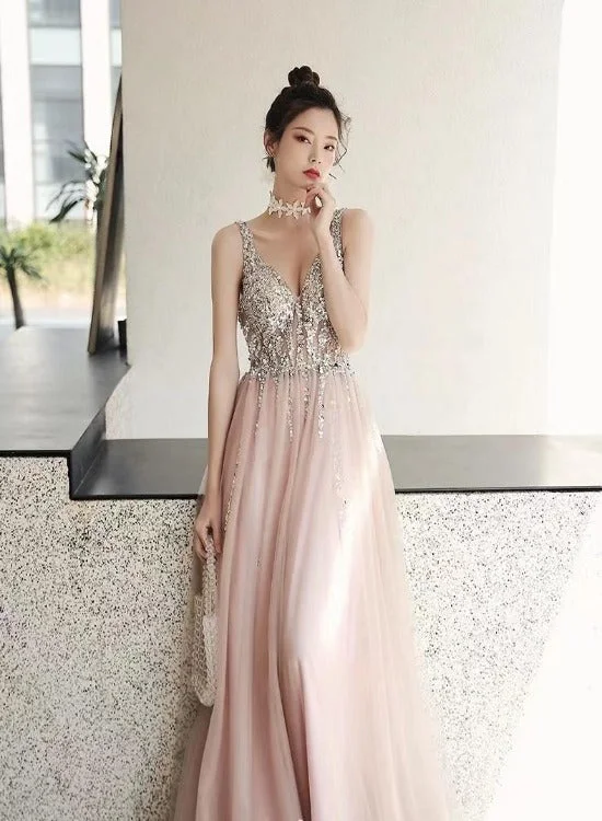 Pink Sequins V Back Beaded and Sequins A-line Tulle Party Dress, Pink Prom Dress Evening Dress Tunics Evening elegant