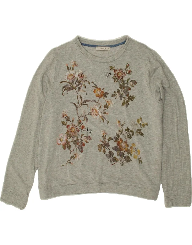 OASIS Womens Graphic Sweatshirt Jumper UK 20 2XL Grey Floral Viscose Hoodie with Button Classic Timeless