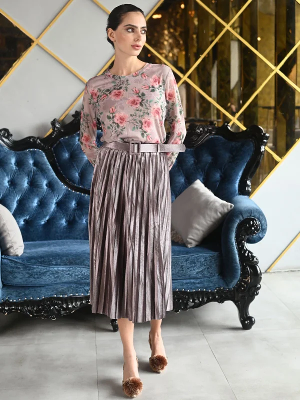 Odette Mauve Plated Velvet Accordion Skirt For Women lace skirt delicate