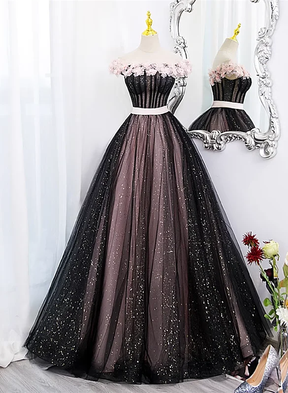 Black and Pink Tulle with Flowers Off Shoulder Party Dress, Tulle Sweet 16 Dress Boatneck Modish Everyday