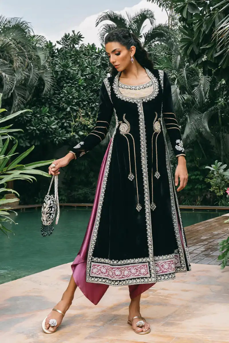 Sania Maskatiya - Thalia - Velvet & Charmeuse - ebony - Trouser & Jacket - 2 Piece Herringbone Jacket Checkered Jacket Solid Jacket