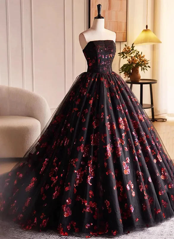 Black and Red Tulle Floral Sweet 16 Dress, Black and Red Party Dress Prom Dress Tunics Evening elegant