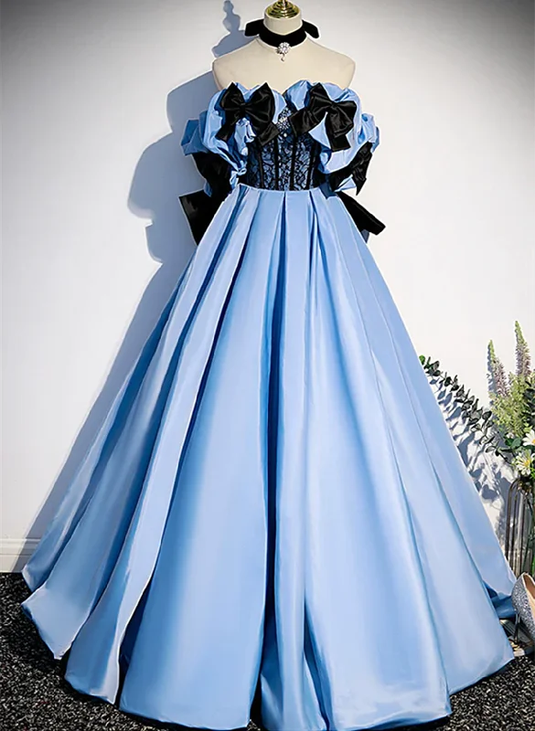 Blue Satin A-line Long Prom Dress with Black Bow, Off the Shoulder Blue Long Party Dress Bodycon Fitted Nightout