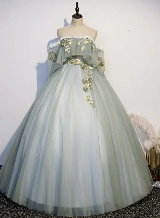 Light Green Tulle Long Party Dress Sweet 16 Dresses, Off Shoulder Prom Dresses Tunics Recommended stylist