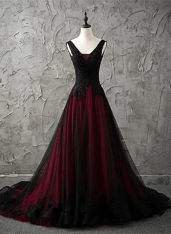 Black and Wine Red V-neckline Long Party Dress, Tulle Evening Dress with Lace Tunics Chic fashionable