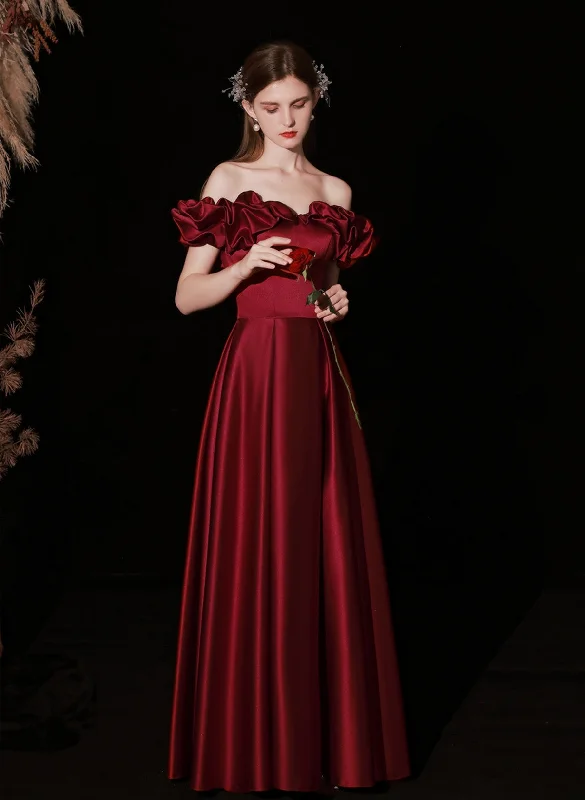 A-line Satin Simple Off Shoulder Floor Length Party Dress, Wine Red Long Prom Dress Tunics Trendy modern