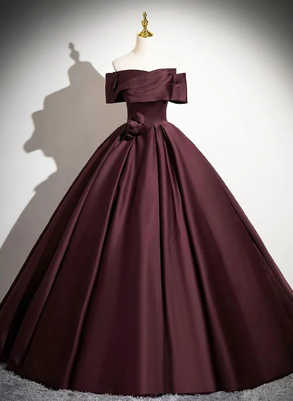 Off Shoulder Maroon Satin Long Party Dress, Maroon Prom Dress Satin Halter Glamorous