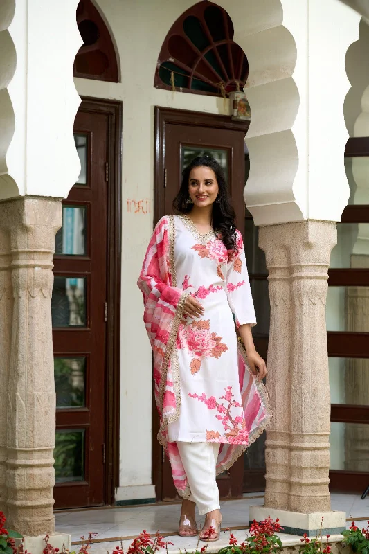 Women 'V' Neck Sequence Embroidery And Print Work Muslin Fabric Kurta Pant Set Comes With Printed Dupatta - Taantav Chic Slim Fit Pants
