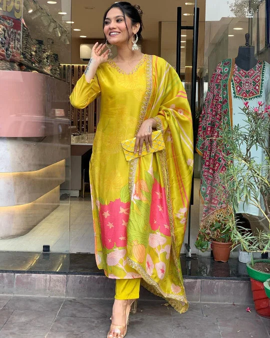 Women V Neck Embroidered Work, Chanderi Fabric Kurta & Pant With Dupatta Set - Taantav Comfortable Maternity Pants