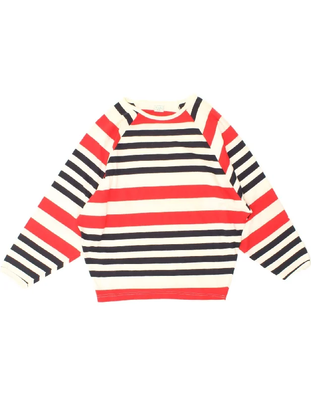 BENETTON Womens Sweatshirt Jumper UK 16 Large Multicoloured Striped Cotton Hoodie with Applique Textured Unique