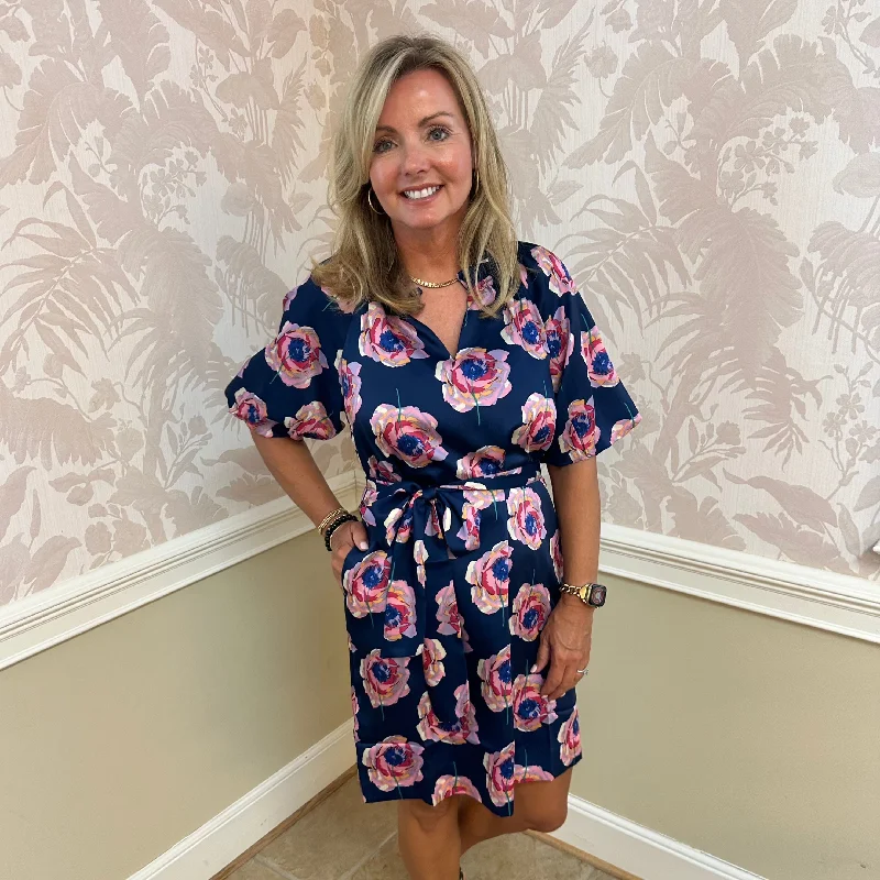 Natasha Roses Split Neck Puff Sleeve Dress | Navy Tunics Fashionable chic