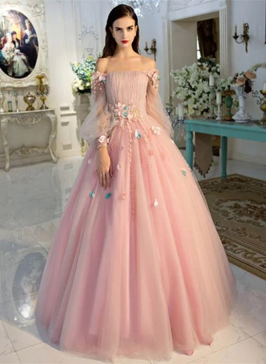 Pink Flowers Puffy Sleeves Tulle Long Party Dress, Ball Gown Pink Sweet 16 Gown Tunics Business professional