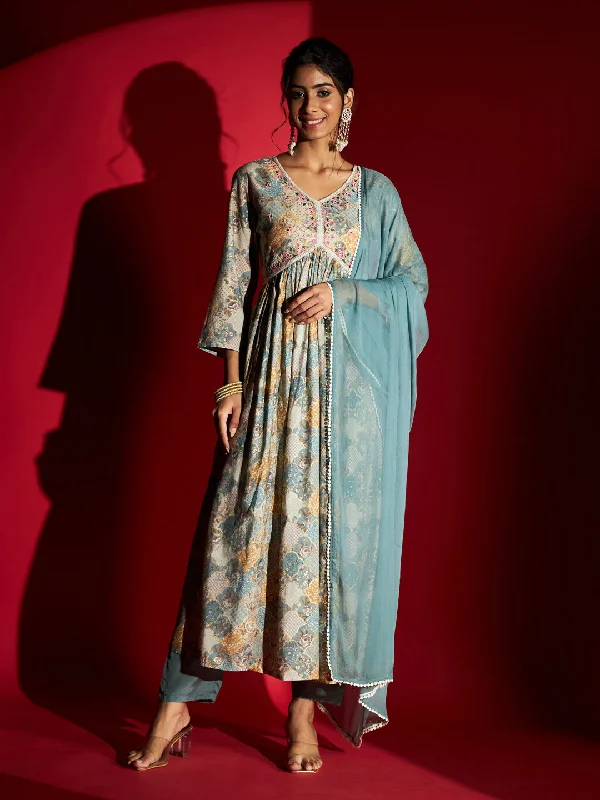 Women V Neck Printed And Embroidered Rayon Kurta Pant Dupatta Set - Taantav Soft Stretch Leggings