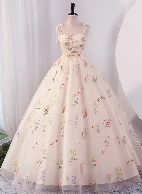 Ivory Floral Tulle Sweetheart Straps Long Party Dress, Ball Gown Sweet 16 Dress Shift Classic Vintage