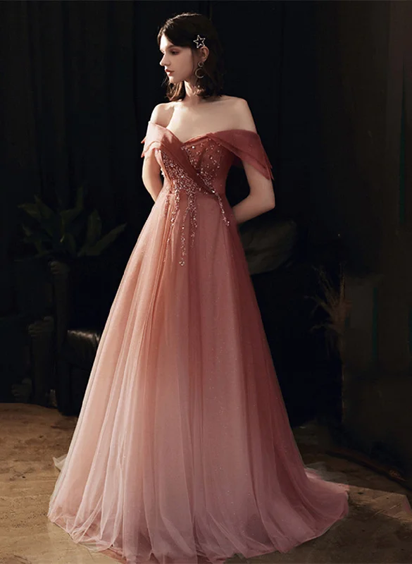 Pink Gradient Tulle Beaded Off Shoulder Party Dress, Pink Long Formal Dress Prom Dress Satin Halter Glamorous