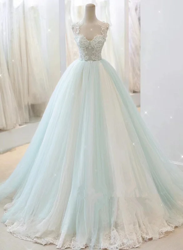 Glam White and Mint Green Tulle with Lace Party Dress, Straps Formal Dress Evening Dress Off-the-shoulder Chic Trendy