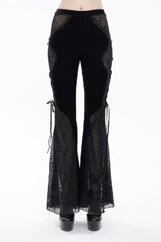 Black Translucent Velvet Jacquard Sexy Panel Lace-Up Plaid Flared Gothic Women's Pants Relaxed Lounge Trousers Black Translucent Velvet Jacquard Sexy Panel Lace-Up Plaid Flared Gothic Women's Pants Relaxed Lounge Trousers