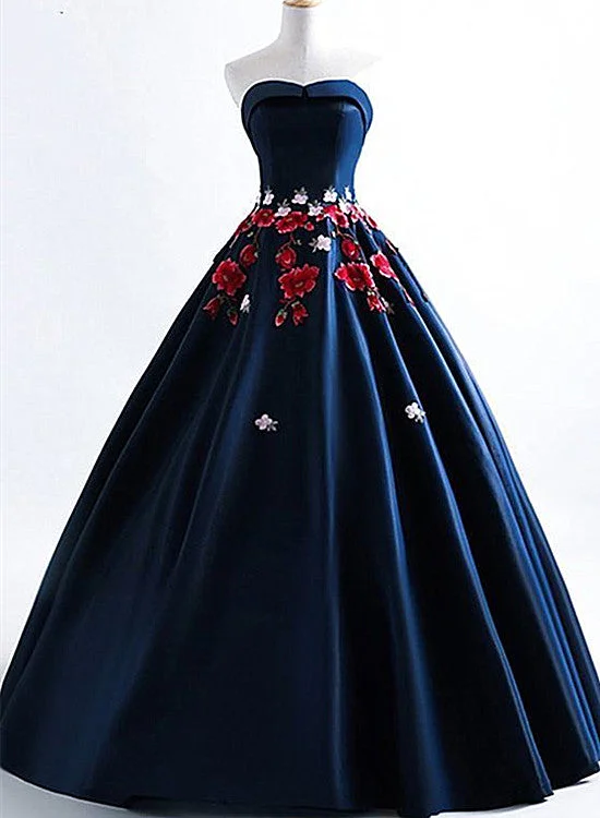 Navy Blue Satin Scoop Ball Gown Floor Length Party Dress, Blue Evening Dress Tunics Formal black