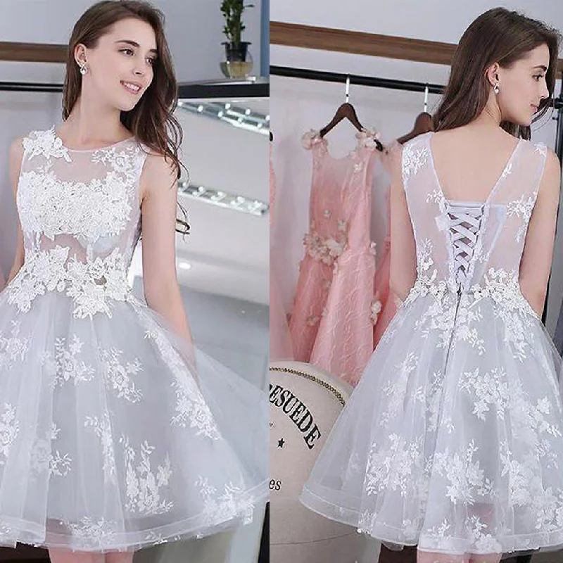 Short Homecoming Dress, Tulle Homecoming Dress, Sleeveless Homecoming Dress, Applique Junior School Dress, See Through Homecoming Dress, Knee-Length Homecoming Dress, LB0743 Tunics Practical easy-care