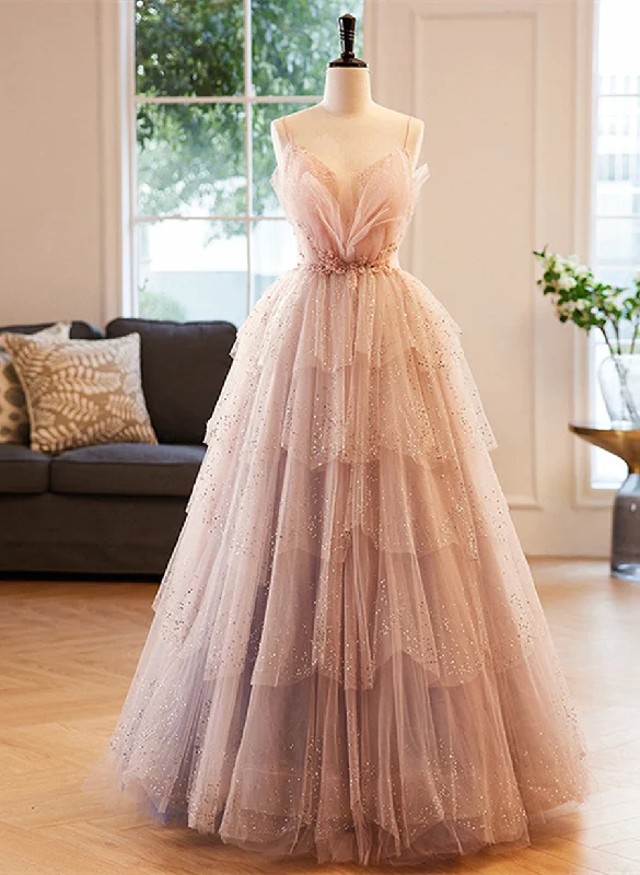 Glam Pink Tulle Straps Beaded Long Party Dress, A-line Pink Formal Dress Tunics Prom sequined
