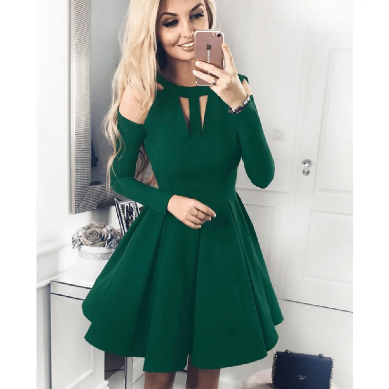 Forest Green A-line Jersey Long Sleeve Homecoming Dress, FC1866 Turtleneck Neckline Stylish